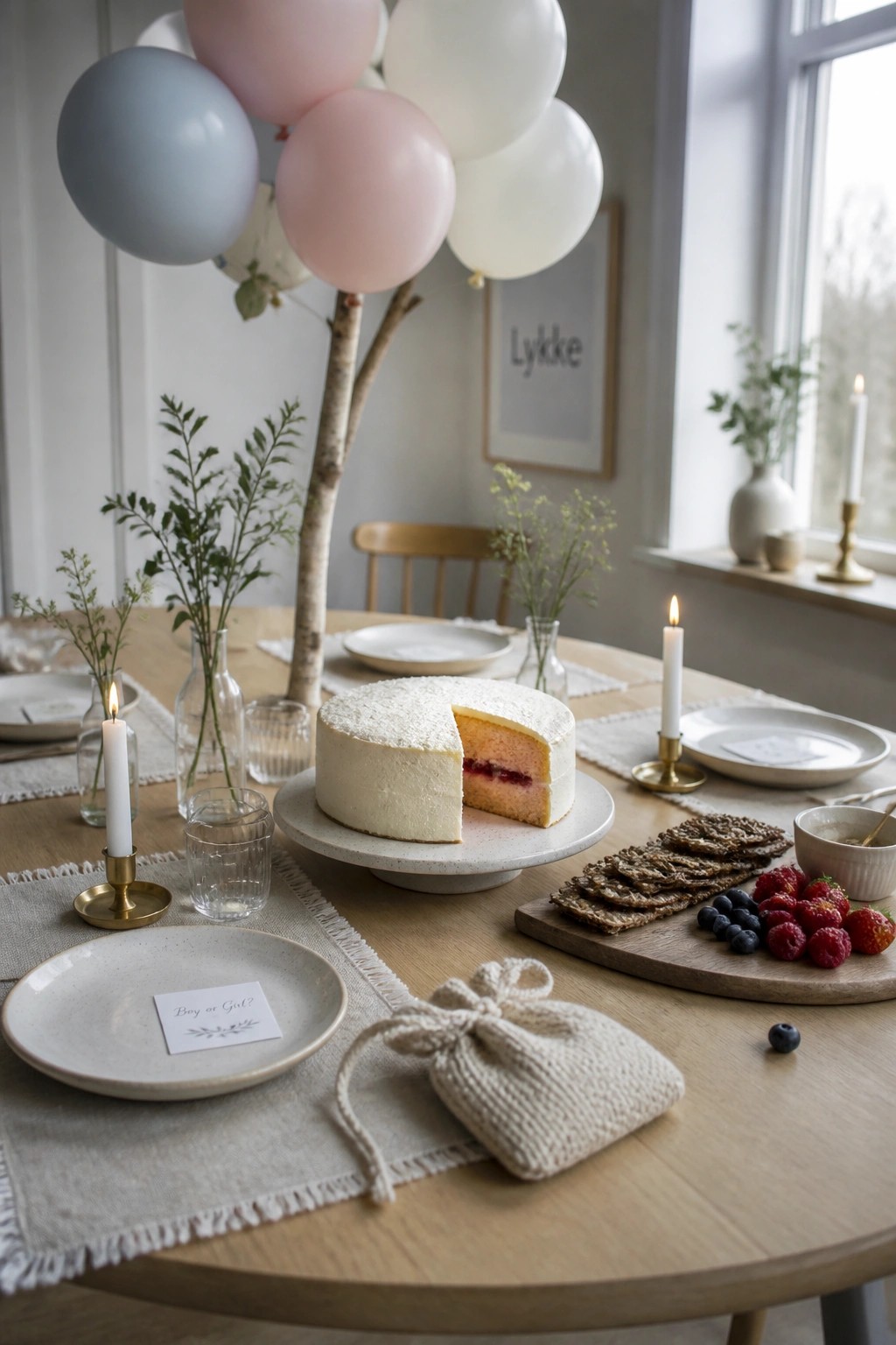 A round wooden table set with a white cake on a stand showing pink filling, pastel balloons tied to a branch, candles, berries, and a card reading Boy or Girl.