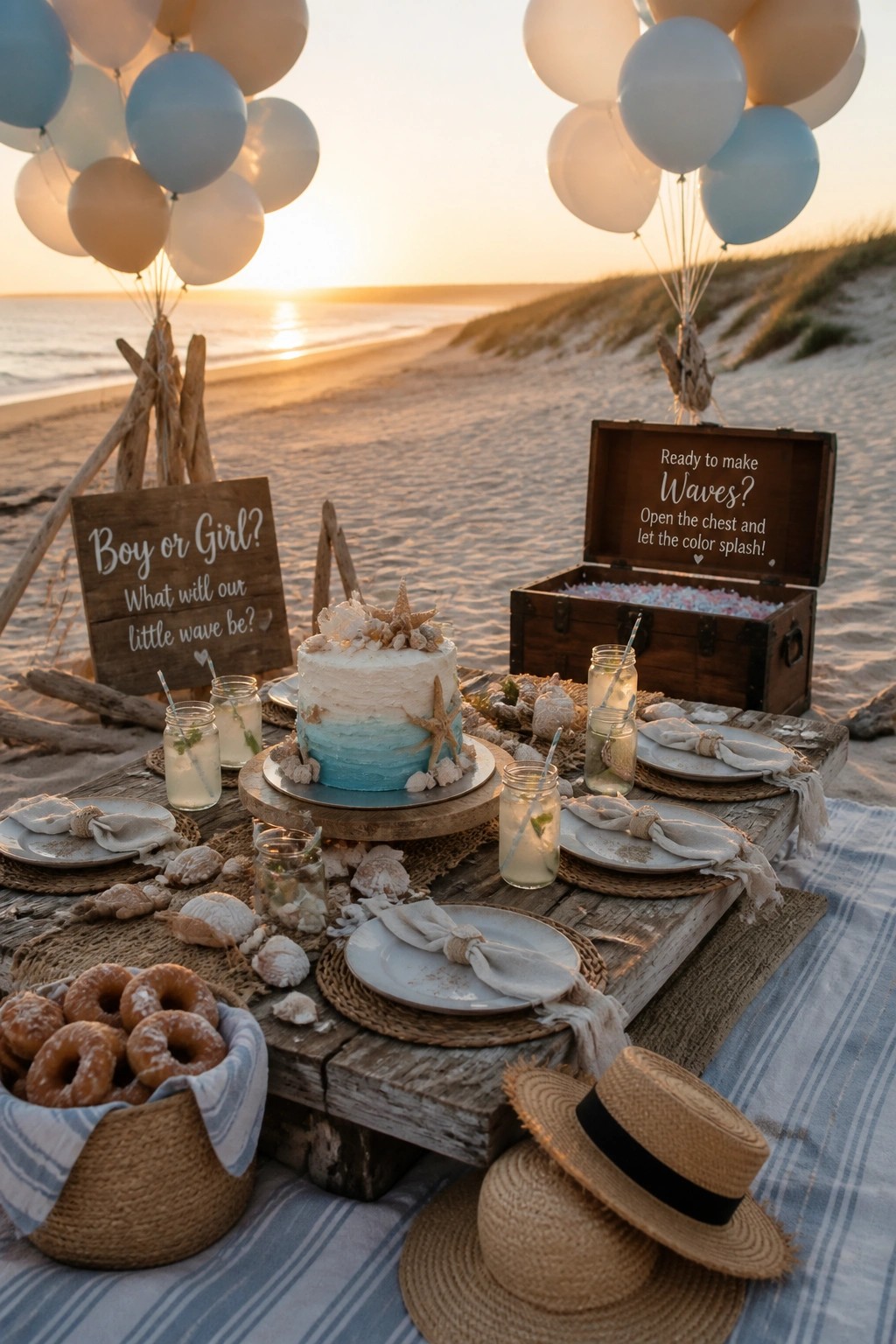 A beachside wooden table set for a gender reveal party with a blue ombre cake, an open wooden chest filled with pink and blue items, balloons, place settings, and donuts at sunset.