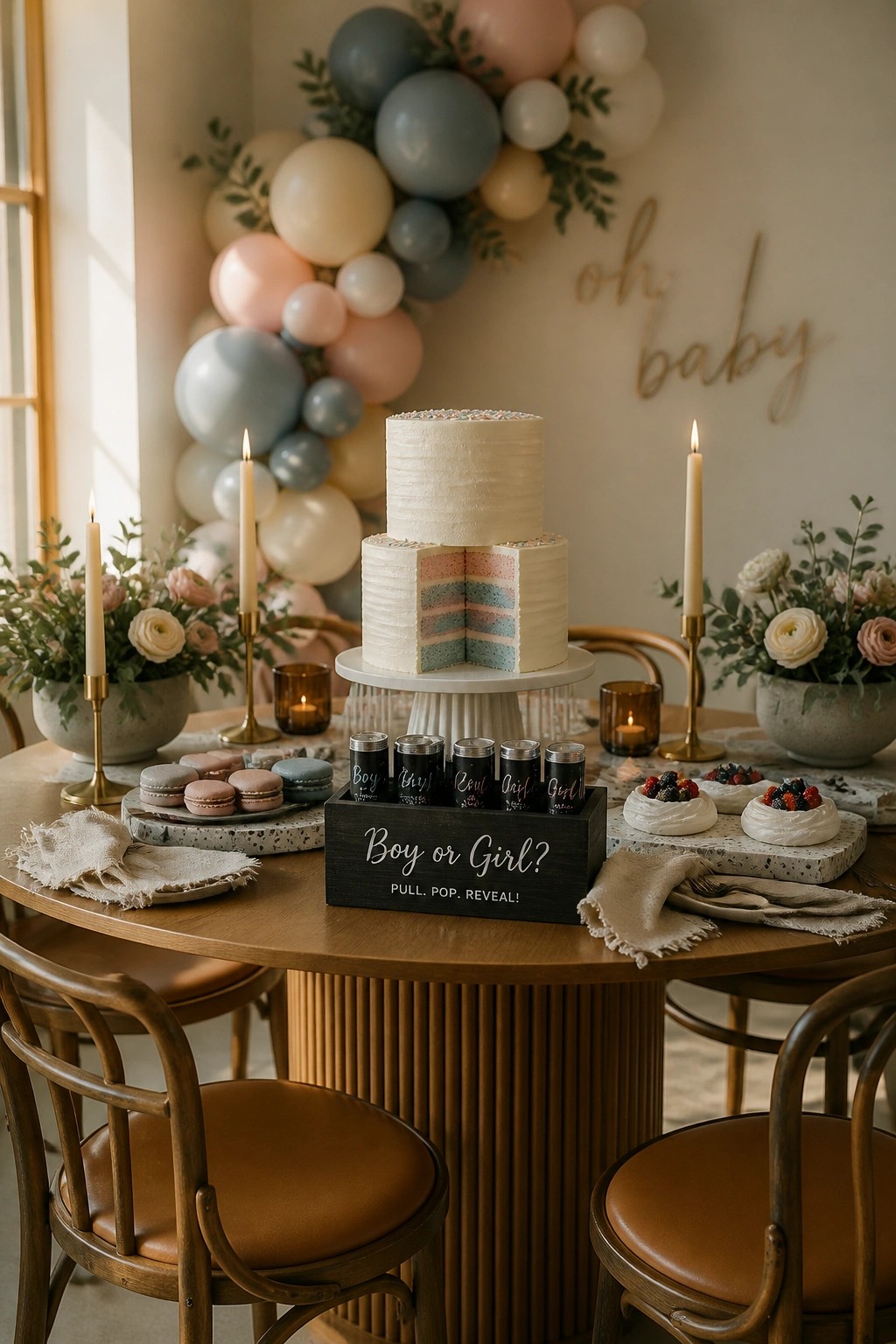 A round wooden table displays a two-tier white cake with pink and blue layers visible in a cut slice, alongside macarons, berry pastries, lit candles, and a black box holding small pull-pop cans.