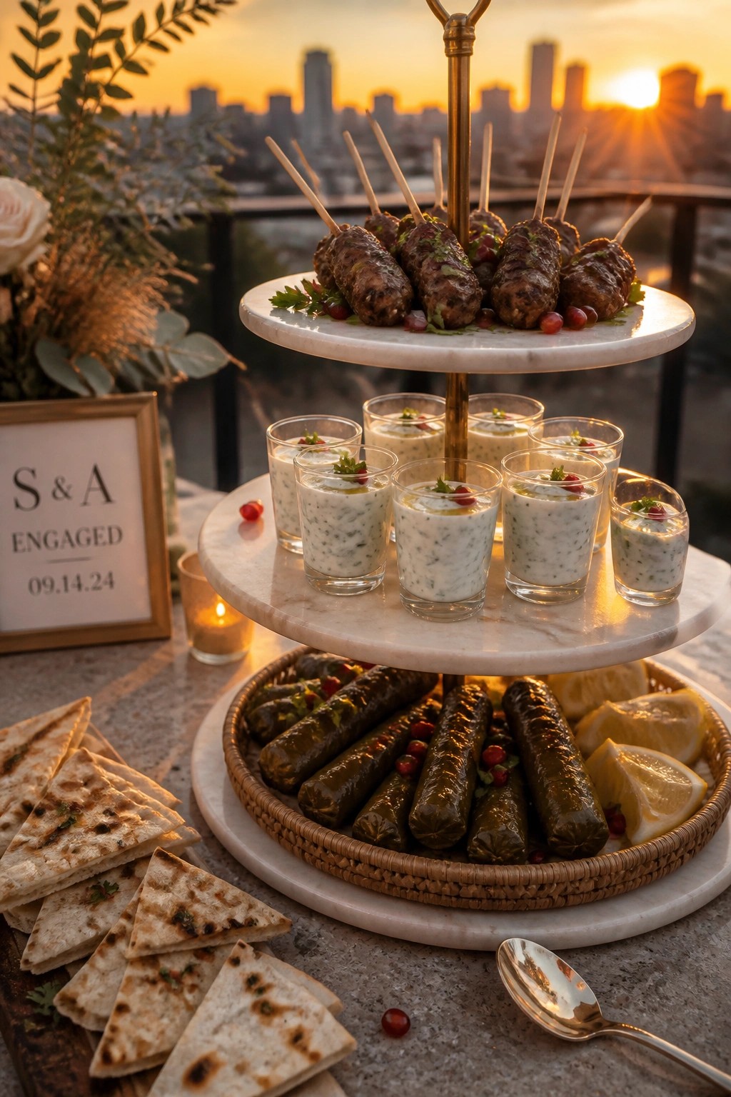 A three-tiered marble stand displays grilled meat skewers on the top tier, small cups of white dip in the middle, and a basket of stuffed grape leaves with flatbread on the bottom tier during an outdoor sunset event.