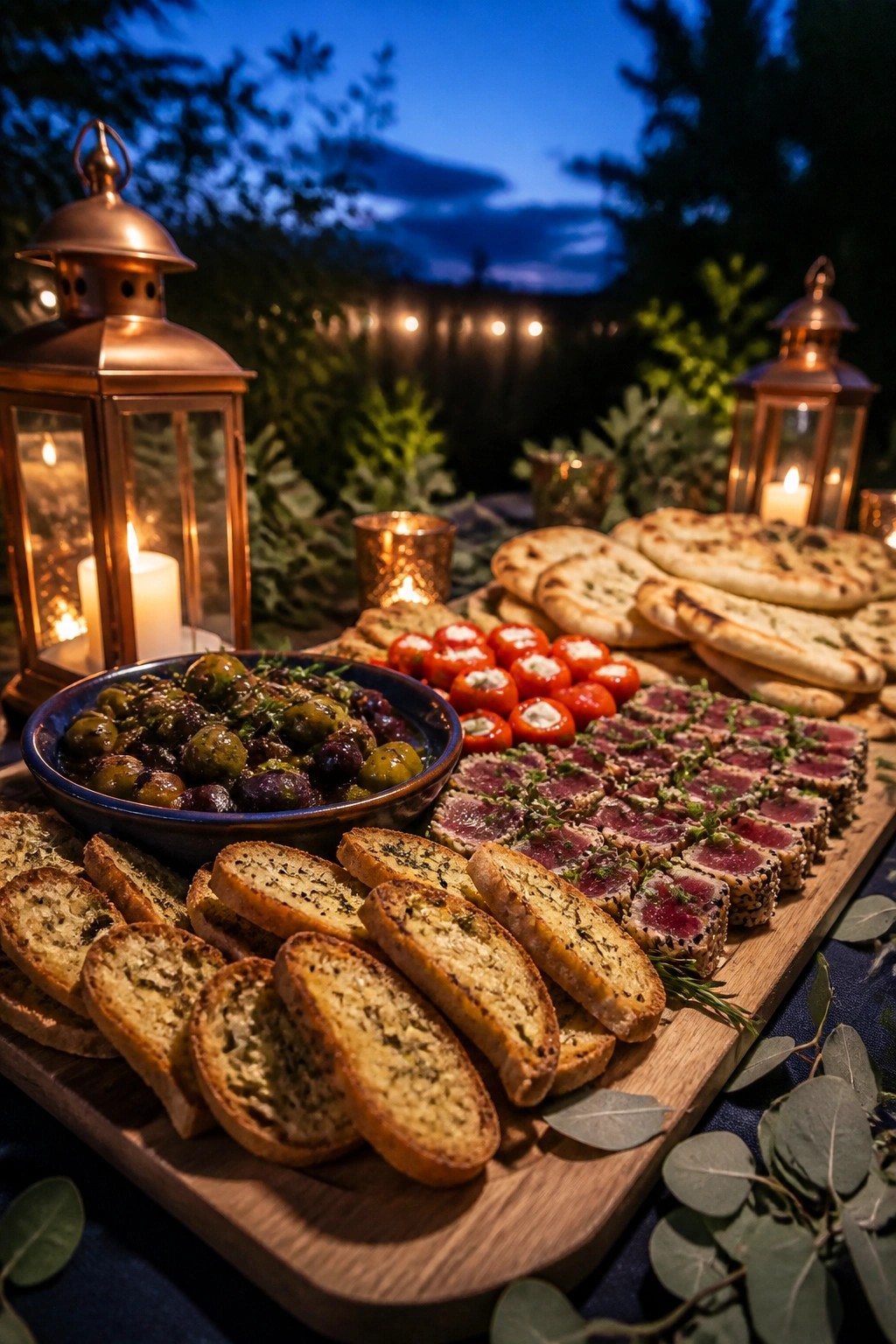 A wooden board holds bowls of olives, stuffed tomatoes, sliced seared tuna, toasted bread, and flatbreads outdoors at dusk with lanterns nearby.