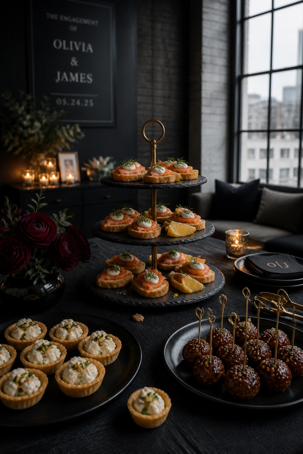 A three-tiered stand displays smoked salmon canapés on a dark table with nearby plates of tartlets and meatballs.