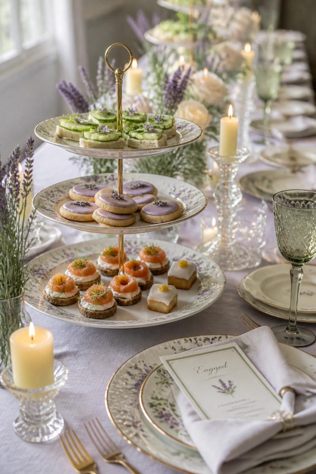 A three-tiered stand displays cucumber sandwiches, lavender cookies, and salmon canapés on a lavender-themed table with candles and floral arrangements.