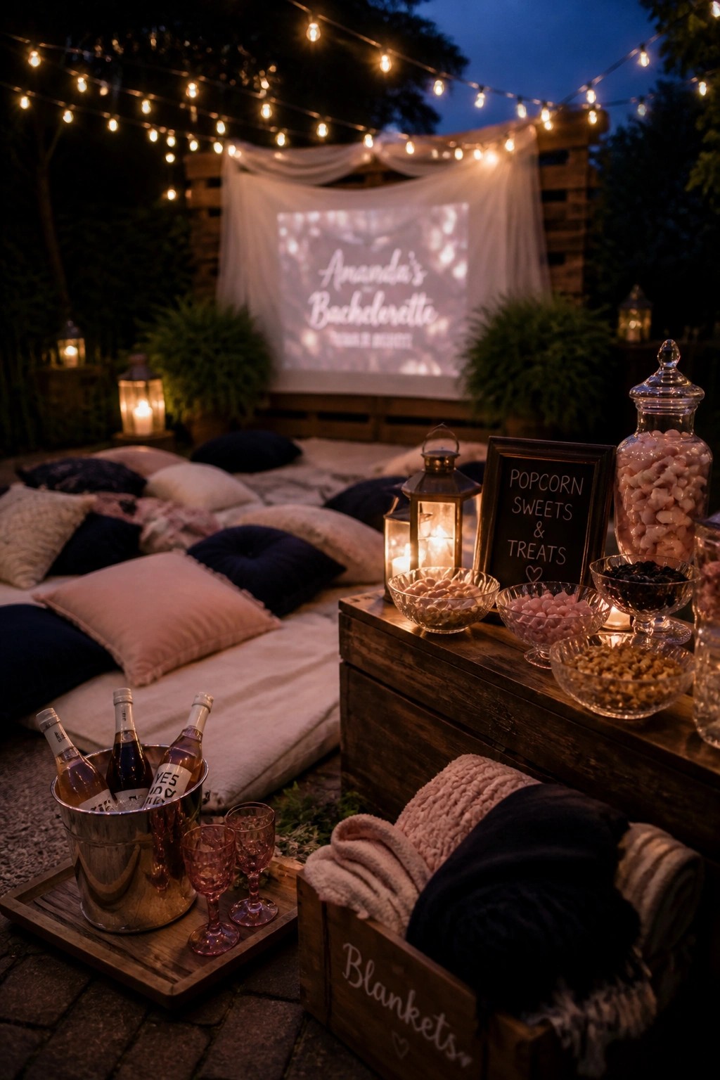 An outdoor bachelorette party lounge at dusk with string lights overhead, a projection screen, ground seating with pillows and blankets, a wooden crate of extra blankets, and a small sweets and drinks station.