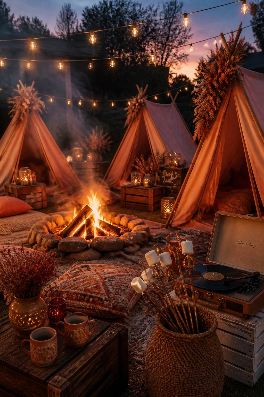 Three floral-decorated tents arranged around a stone-ringed fire pit at dusk, with string lights overhead, marshmallows on sticks, and a record player on a wooden crate.
