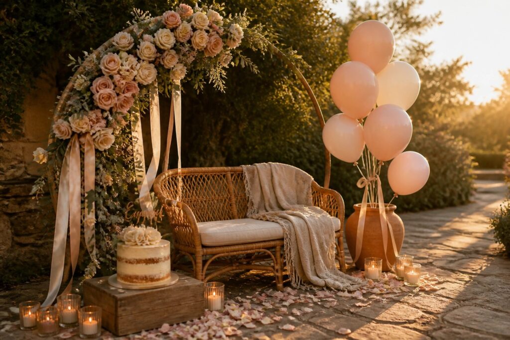 22 Picture Perfect Engagement Party Backdrop Ideas That Wow Guests A wicker bench with pillows sits under a rose-covered floral arch next to a small cake on a wooden box and a bunch of pink and white balloons on a stone patio.