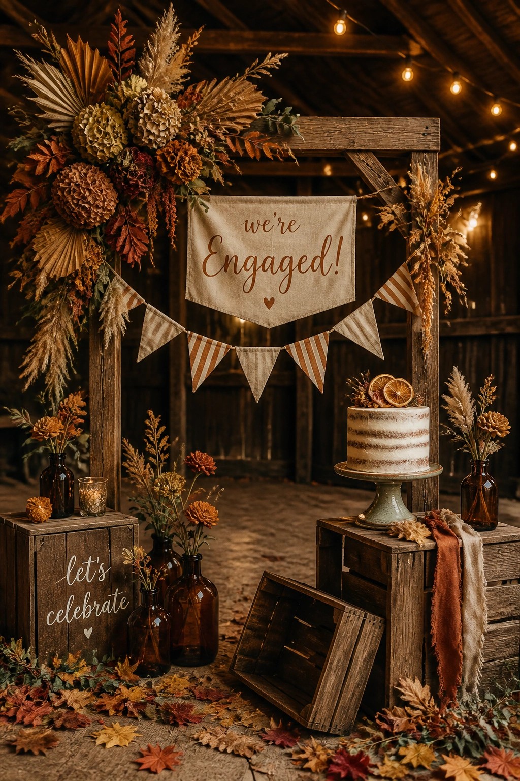 A large wooden frame decorated with dried autumn flowers and foliage displays a banner in a rustic barn with a cake on nearby crates.