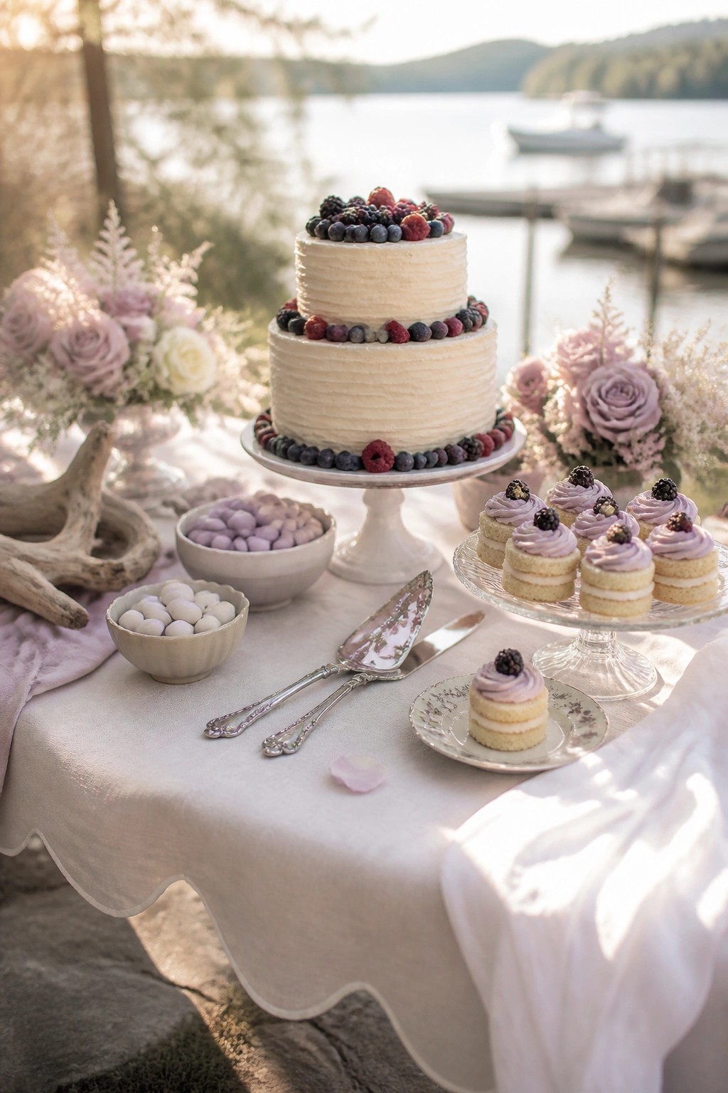 A two-tier white cake with mixed berries on top sits on a white stand on a cloth-covered table beside a lake, with smaller cupcakes on a glass stand and bowls of candies nearby.