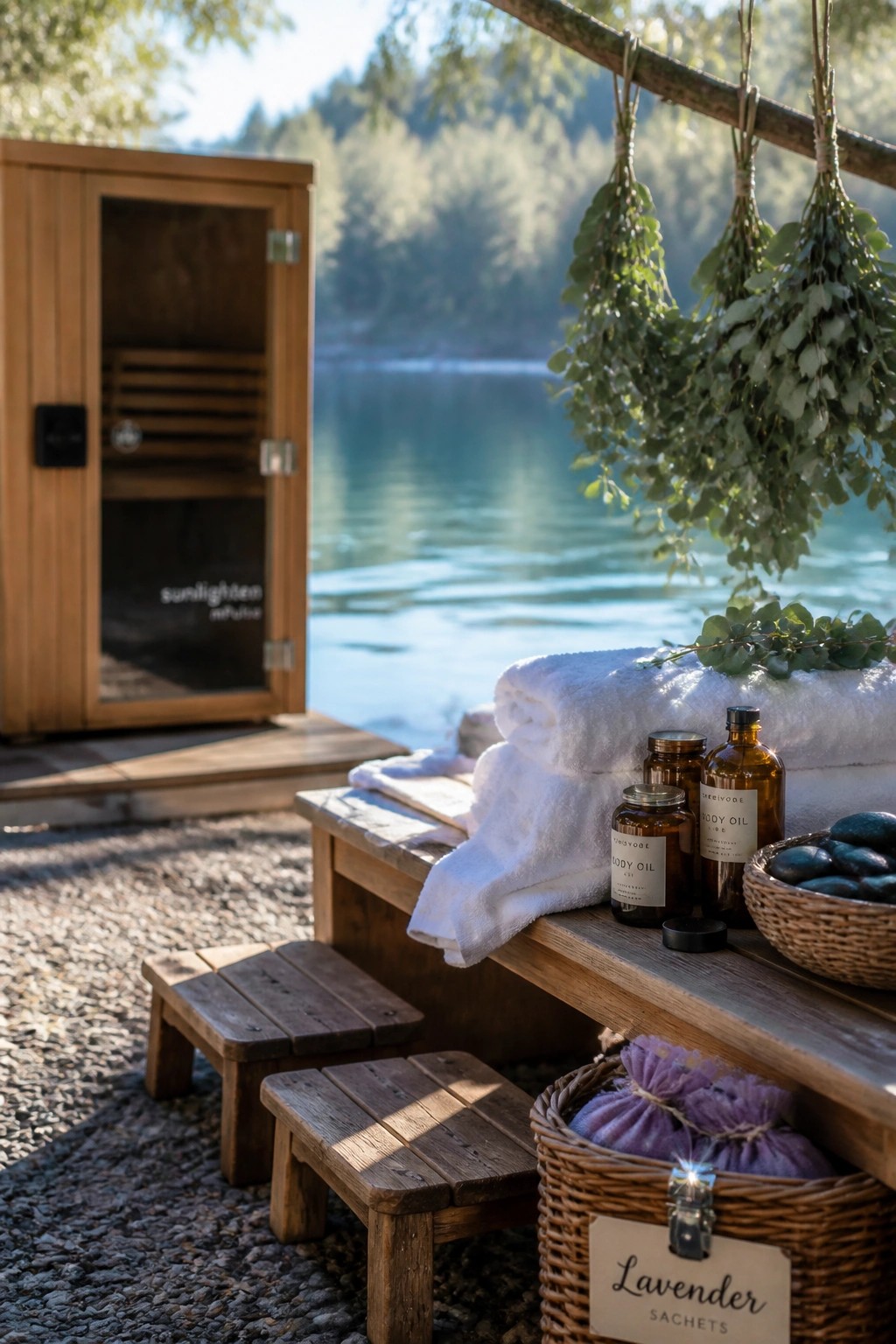A wooden outdoor sauna stands next to a calm lake with a bench holding folded white towels, amber body oil bottles, and a wicker basket labeled lavender sachets.