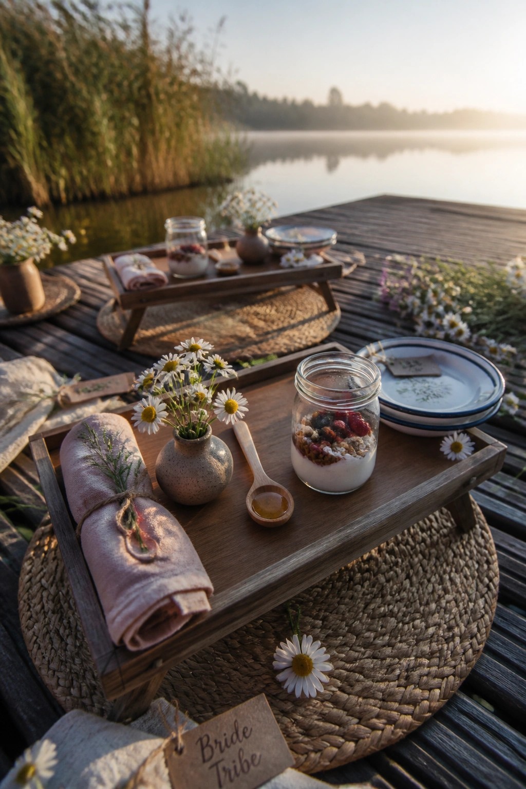 Rustic wooden trays with yogurt jars, daisies, and rolled napkins on a lakeside dock at dawn