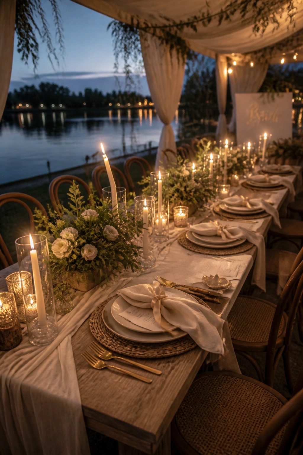 A long wooden table set for an outdoor dinner beside a lake at dusk, lined with lit candles in glass holders, white flowers, and greenery.