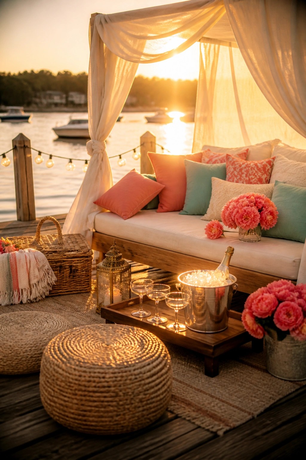 A wooden daybed with white draped canopy, colorful pillows, champagne in an ice bucket, and flowers arranged on a dock by the water at sunset.