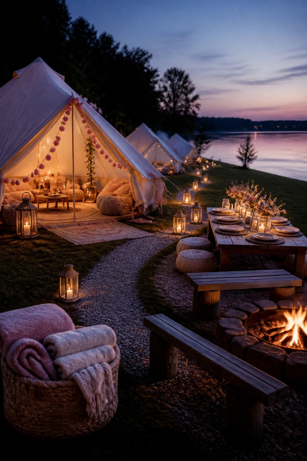 White bell tents with string lights and pom garlands stand on grass beside a lake, with lit lanterns along a gravel path leading to a wooden table and stone fire pit at dusk.