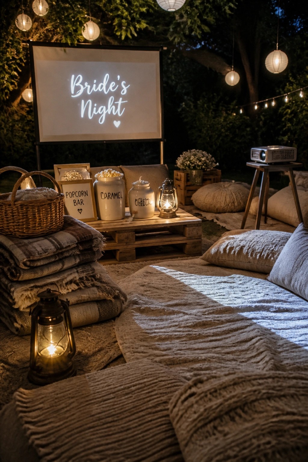 An outdoor nighttime setup with a projector screen, wooden pallet table holding popcorn jars, stacks of blankets, pillows on the ground, and several lit lanterns.