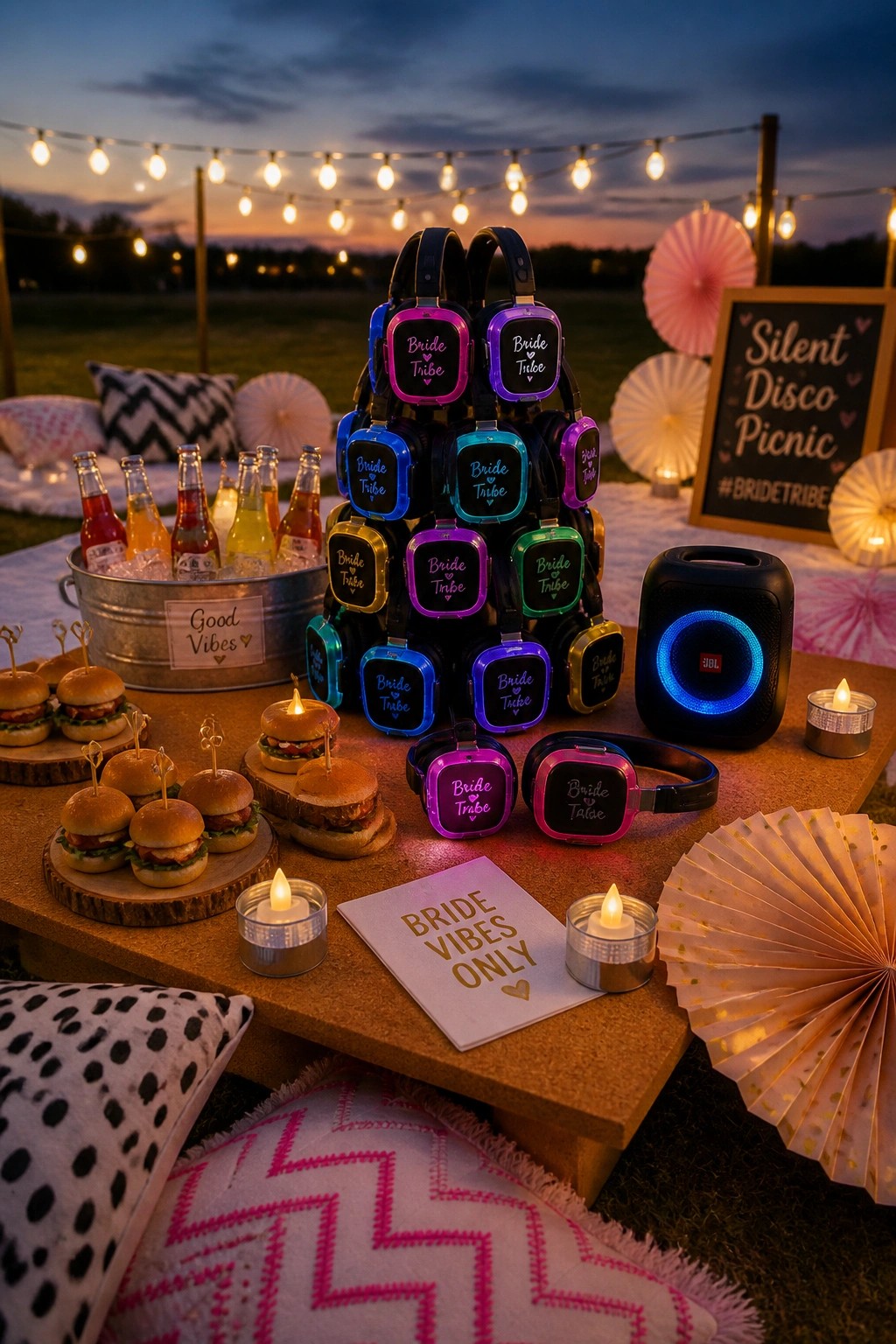 A pyramid of colorful silent disco headphones on a wooden table at an outdoor picnic with burgers, drinks in a bucket, string lights, and cushions on the grass.