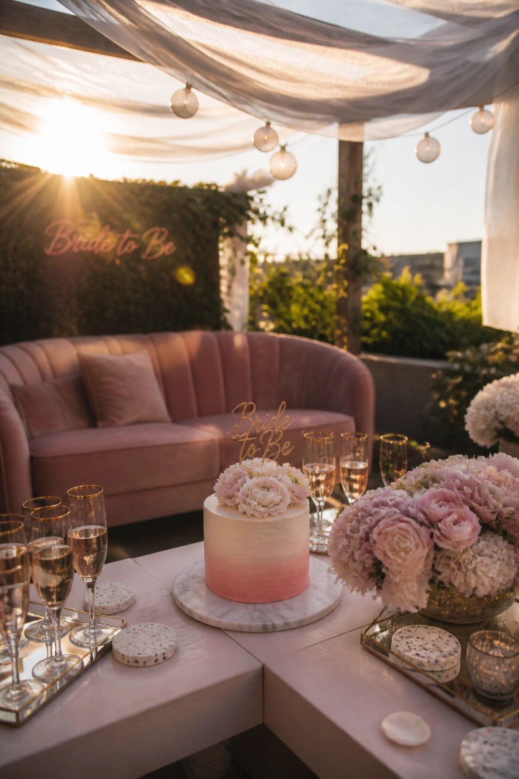 A pink velvet curved sofa on a patio with a pink ombre cake on a marble stand in front, surrounded by champagne glasses, floral arrangements, and string lights at sunset.