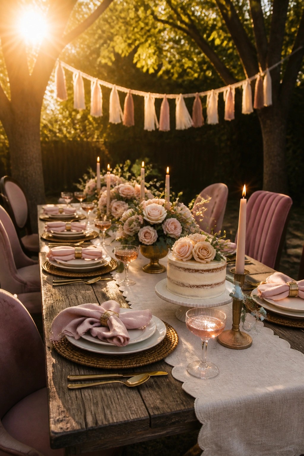 A long wooden table outdoors set with pink napkins, plates, wine glasses, roses, and lit candles, with a small cake on a stand and a tassel garland overhead.