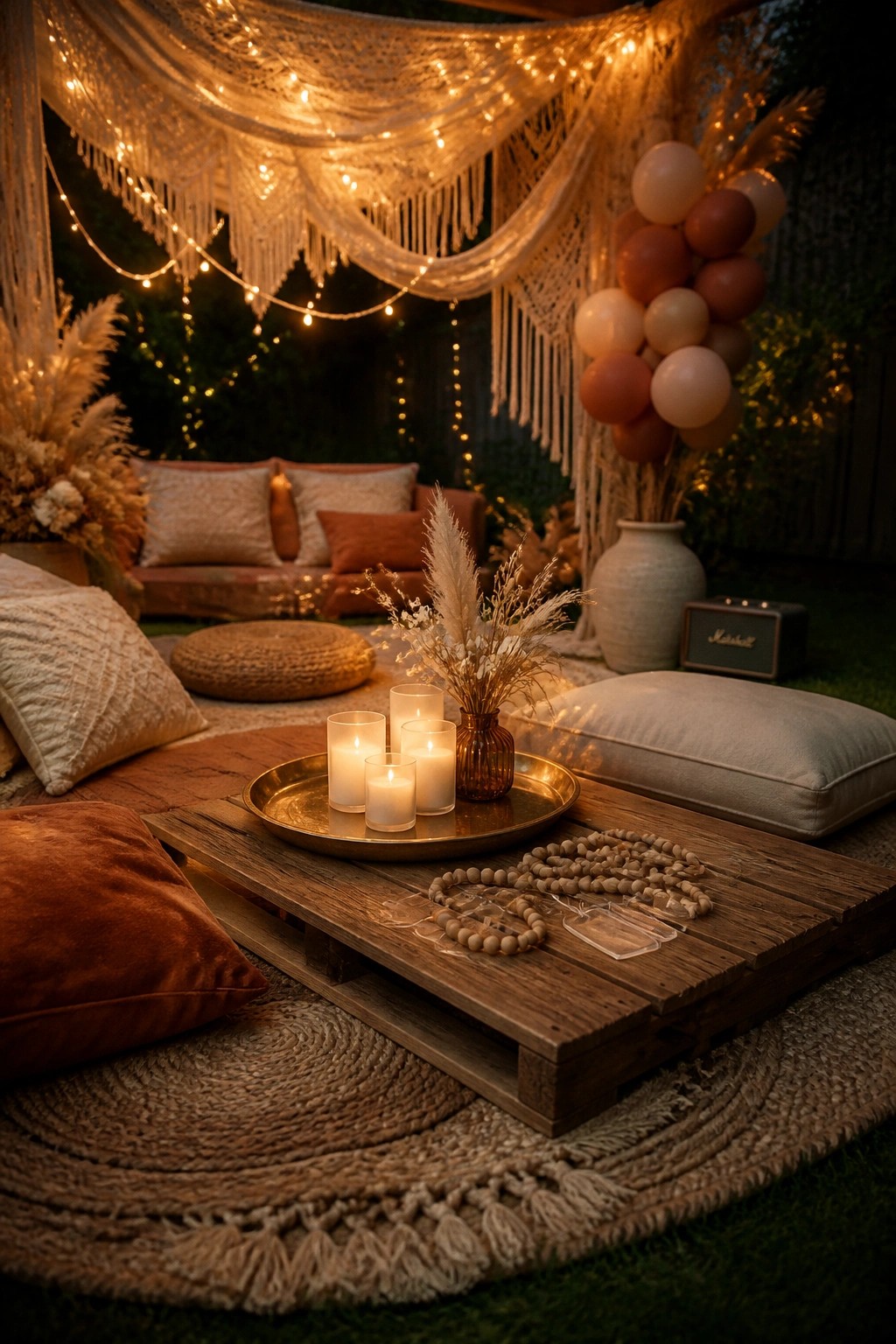 A nighttime backyard lounge setup with a low wooden pallet table holding lit candles, surrounded by pillows, macrame, and string lights.