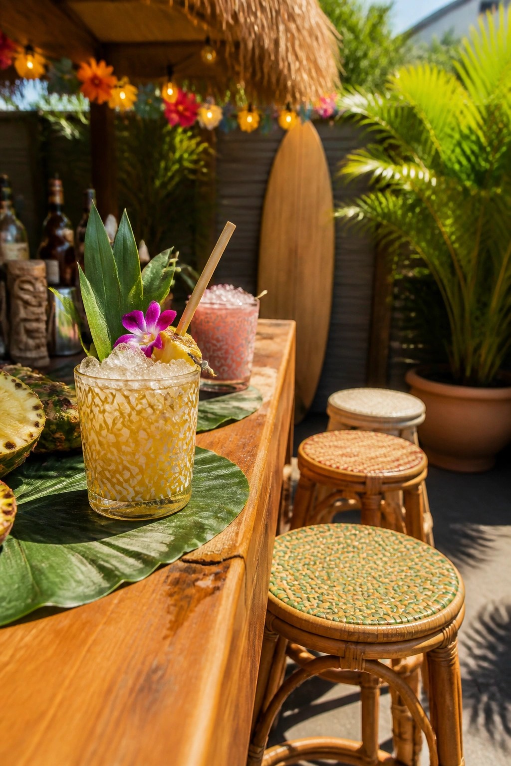 A wooden outdoor bar holds two tropical cocktails on green leaves, with woven stools, a thatched roof, string lights, and tropical plants nearby.