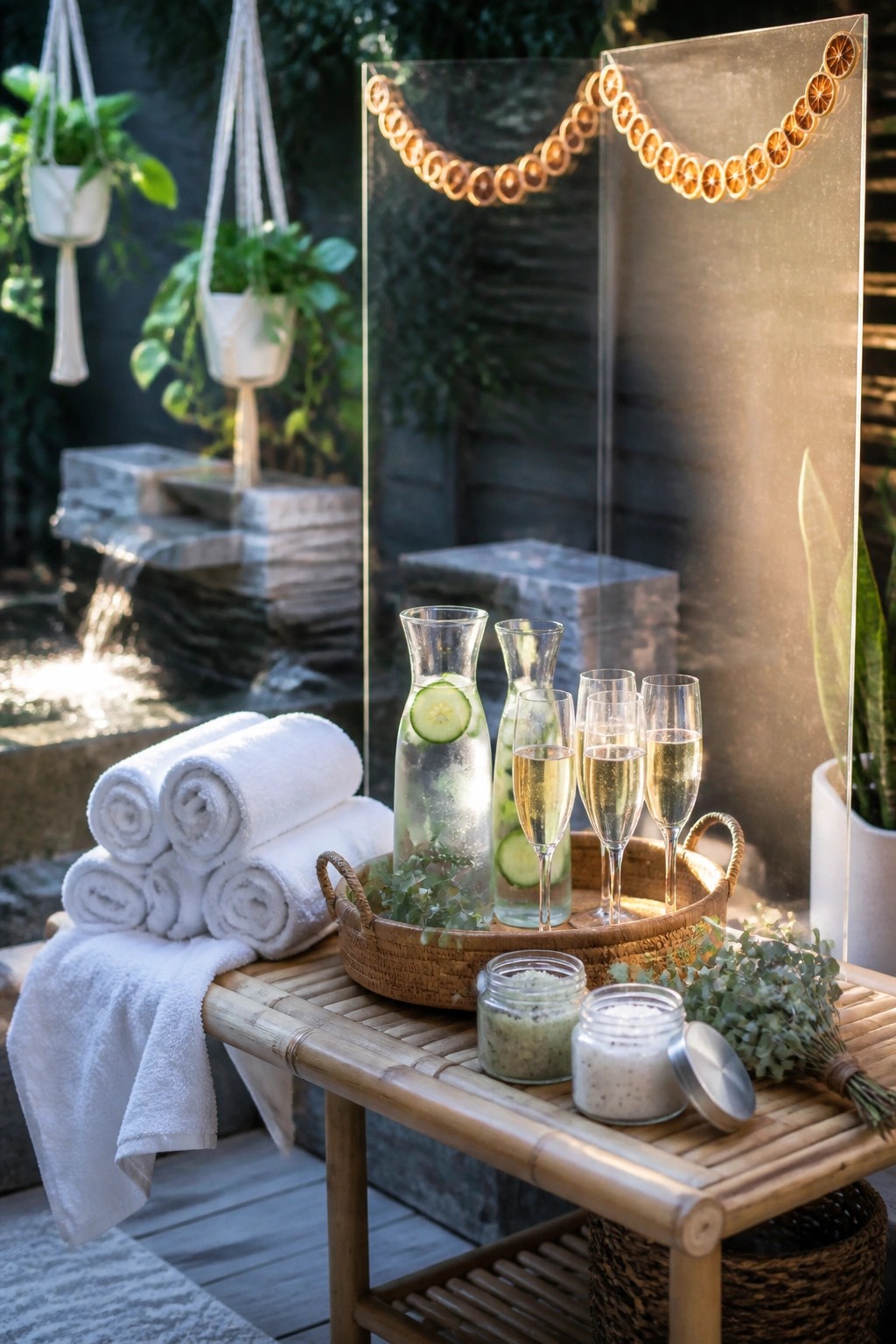 A bamboo table outdoors displays glass pitchers with cucumber slices and champagne flutes in a woven tray, next to rolled white towels and open jars of bath salts.