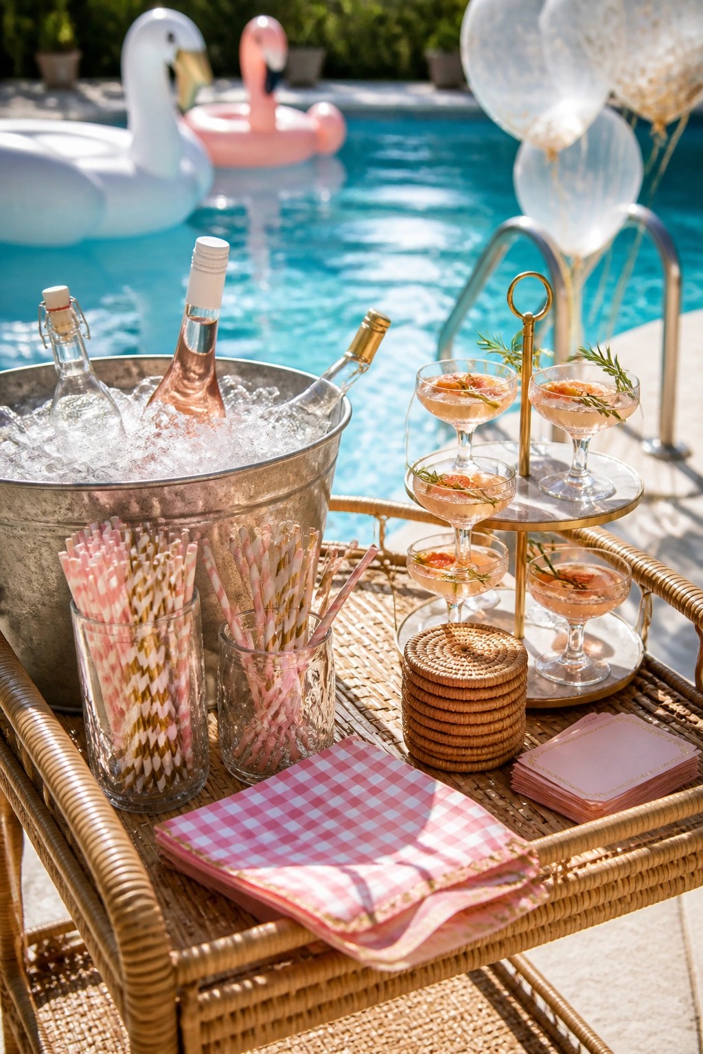 A wicker bar cart holds an ice bucket with rose wine bottles, pink cocktails on a tiered stand, patterned straws in glasses, woven coasters, and pink checkered napkins beside a swimming pool.