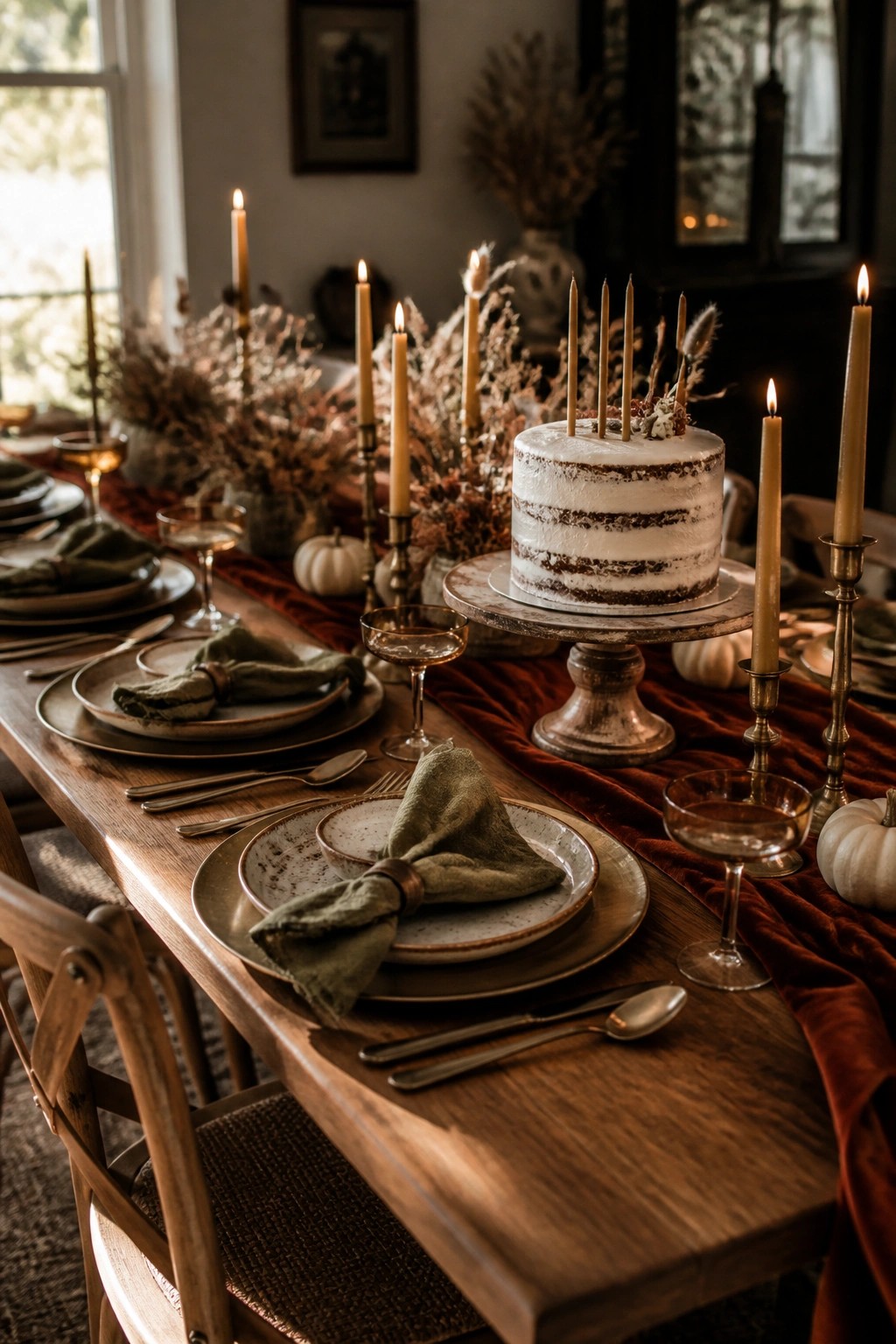 A long wooden table set with a white frosted cake on a stand, multiple lit taper candles in brass holders, dried floral arrangements, small white pumpkins, and plates with green napkins on a rust-colored runner.