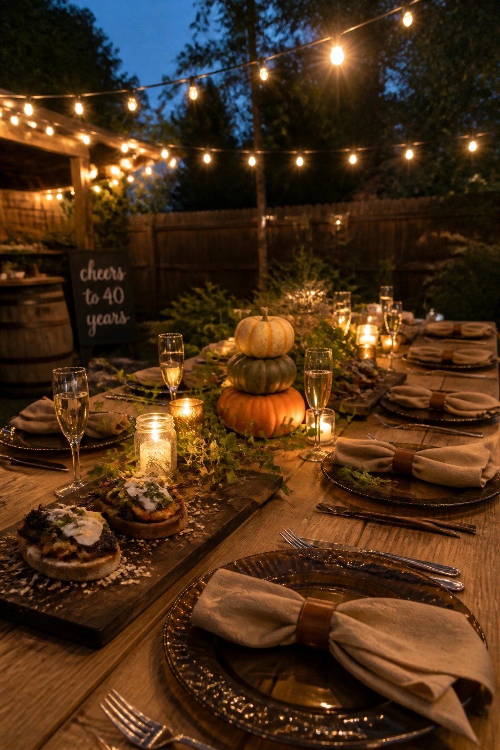 A wooden table set outdoors at dusk with plates, napkins, glasses, and a centerpiece of three stacked pumpkins surrounded by candles under string lights.