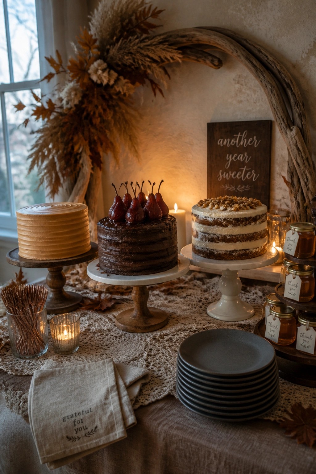 Three cakes on stands sit on a table with dried florals, candles, plates, and small jars in a fall indoor setting.