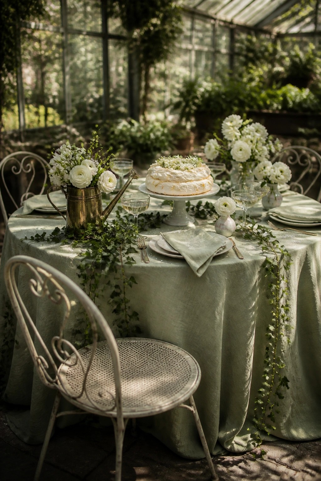 A round table set with a white cake on a pedestal, surrounded by white flowers, glassware, and trailing ivy on a light green tablecloth inside a greenhouse.