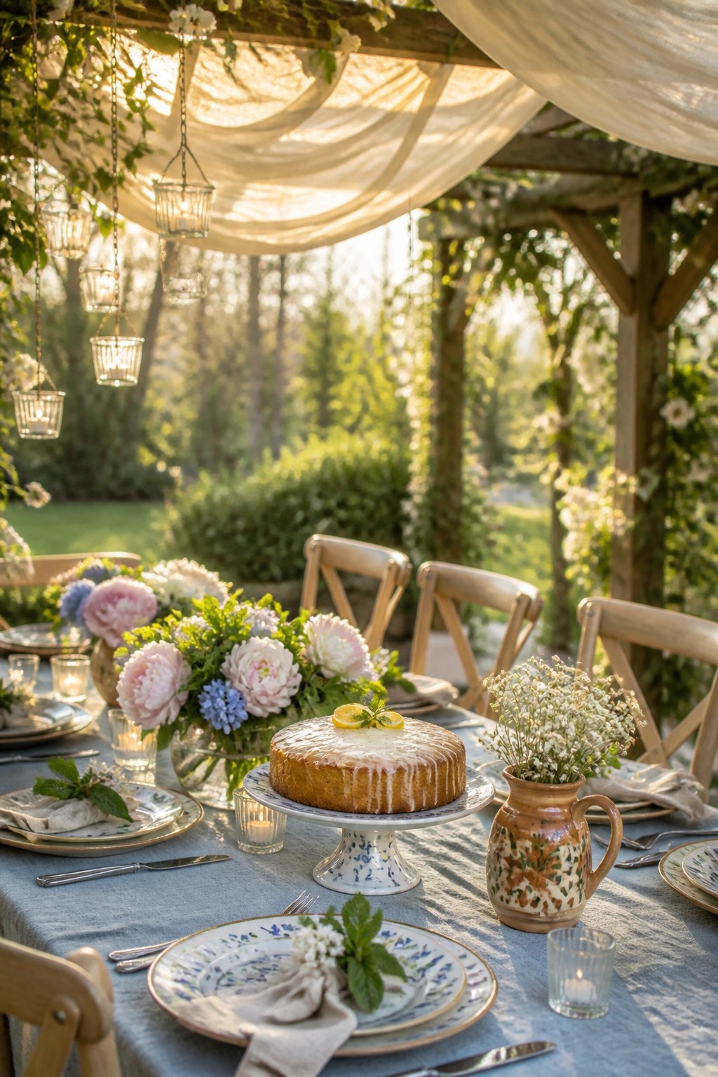 An outdoor table set with a blue linen cloth, a lemon-glazed cake on a pedestal stand, floral centerpieces in glass vases, wooden chairs, and hanging lanterns under draped fabric.