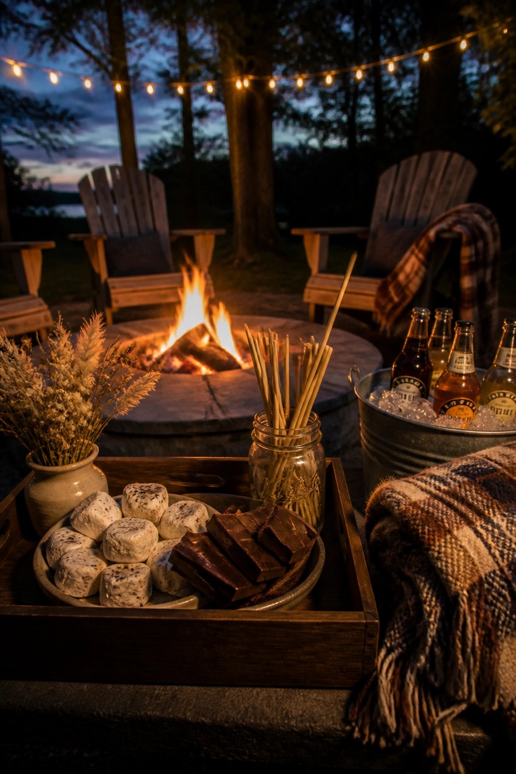 Campfire with Adirondack chairs, string lights, s'mores tray, and bucket of beers at dusk