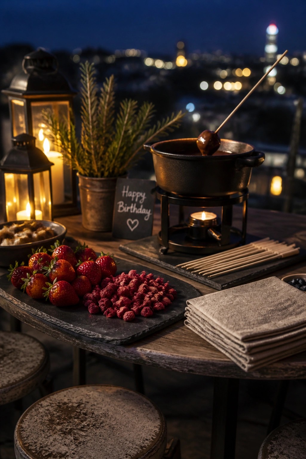 A chocolate fondue pot sits on a wooden table at night with strawberries, raspberries, skewers, lanterns, and a city view in the background.