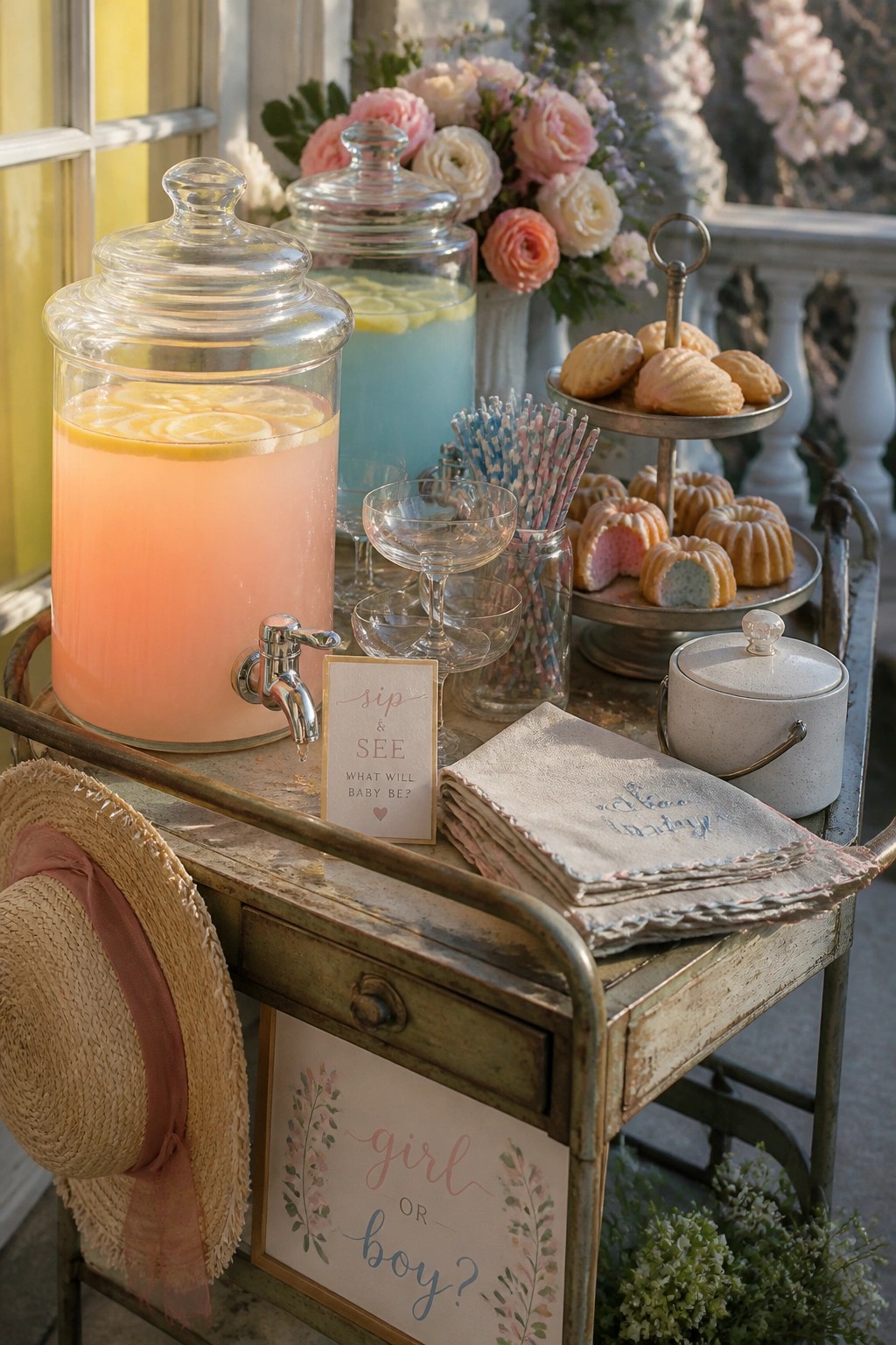 A vintage cart holds two glass beverage dispensers with pink and blue drinks, along with pastries, straws, and napkins.