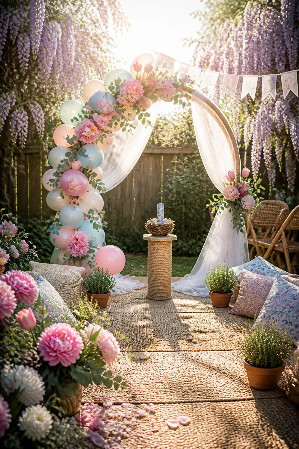 An outdoor garden scene with a balloon and flower arch, a draped wooden arch, and a rope-wrapped pedestal holding a nest at the center.