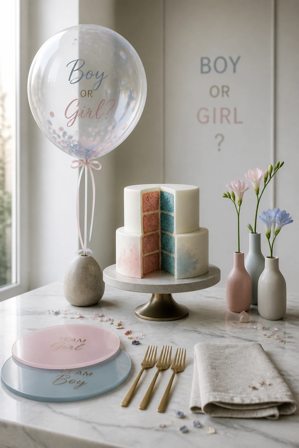 A two-tiered white cake with pink and blue layers visible inside sits on a marble table beside a large clear balloon printed with 