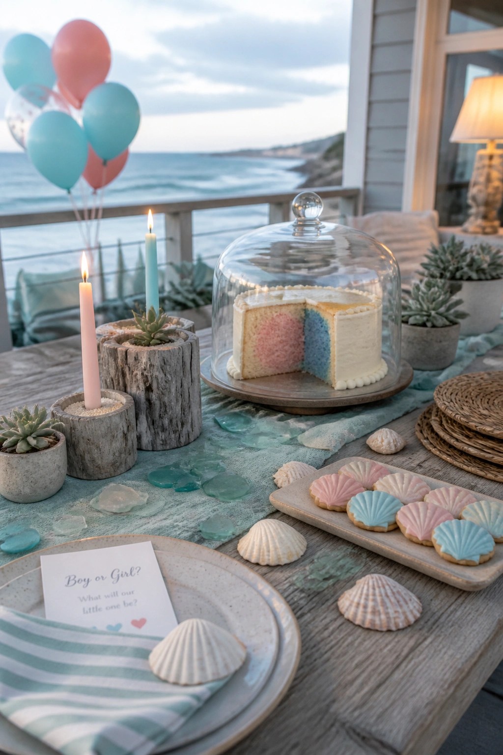 A wooden outdoor table set with a cake showing pink and blue layers under a glass cloche, shell cookies on a tray, lit candles in rustic holders, scattered sea glass and shells, and pink and blue balloons near the ocean.