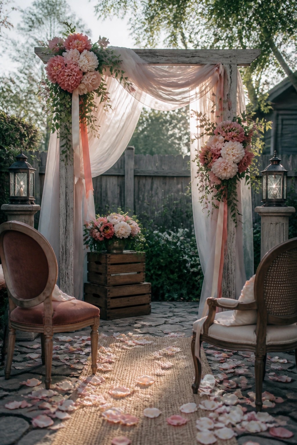 A wooden arch decorated with pink and white flowers and flowing fabric stands in a backyard between two vintage chairs on a burlap runner scattered with petals.
