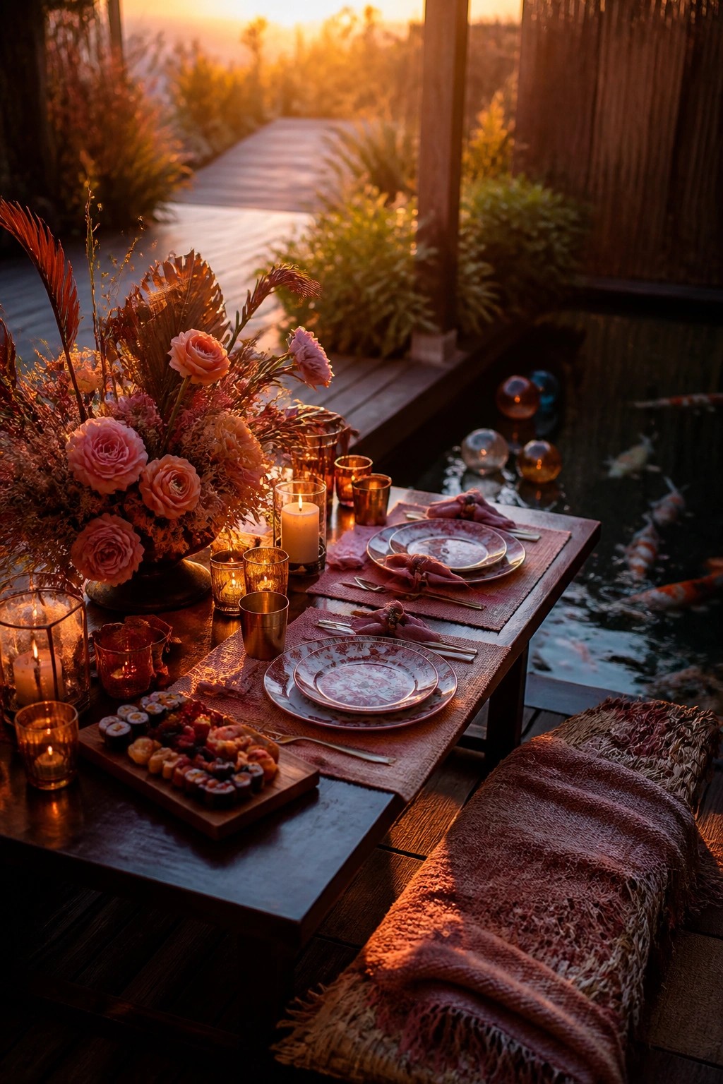 A wooden table set for an outdoor dinner beside a koi pond at sunset, with pink roses, lit candles, plates, and sushi.