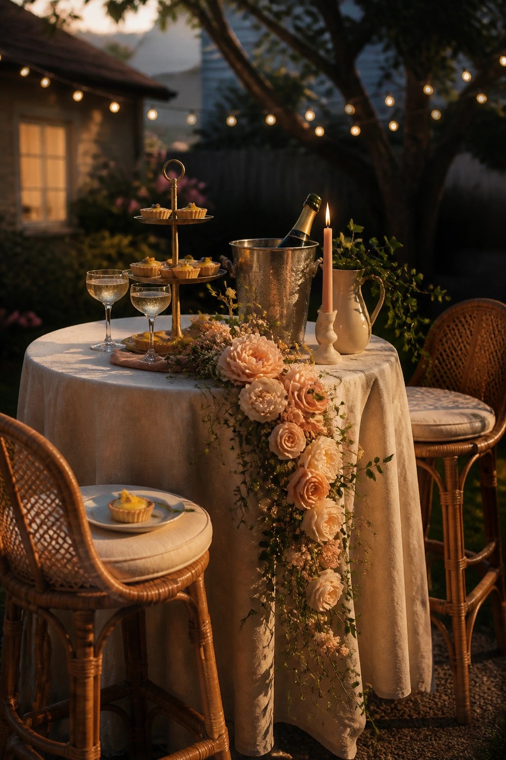 A round table with a white cloth holds a cascading garland of pink and white roses, a tiered stand of small tarts, champagne in an ice bucket, two wine glasses, and a lit candle, set outdoors with string lights and wicker chairs at dusk.