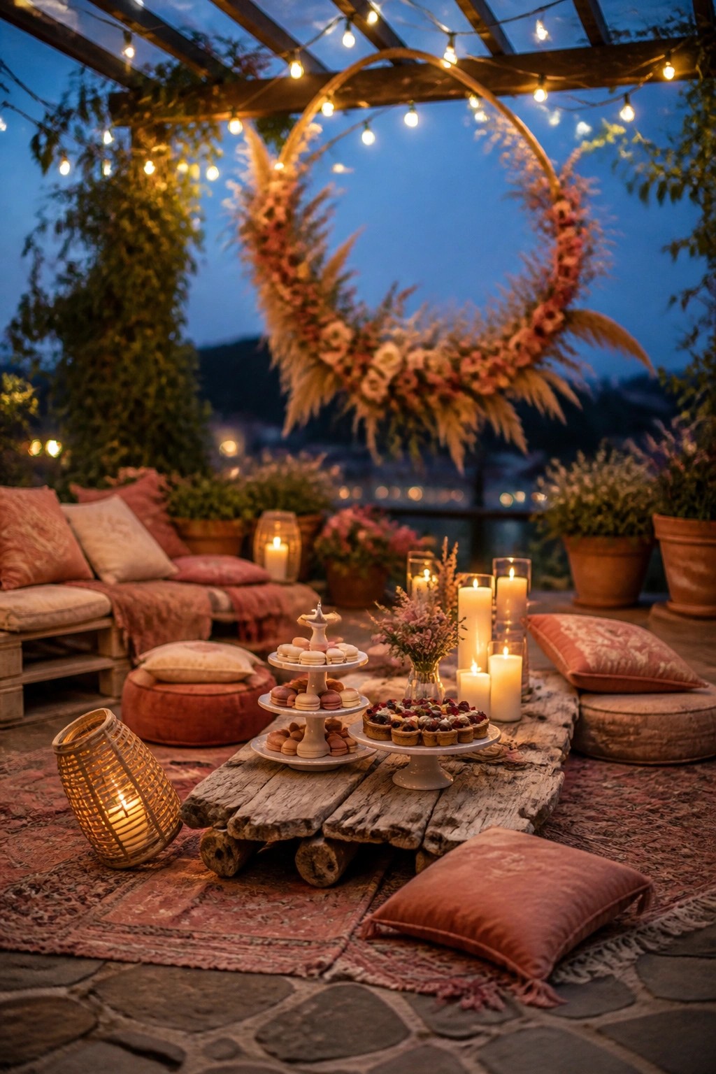 An outdoor evening patio scene with a low rustic wooden table displaying tiered stands of macarons and berry tarts, surrounded by red cushions and rugs, string lights above, and a large floral hoop in the background.