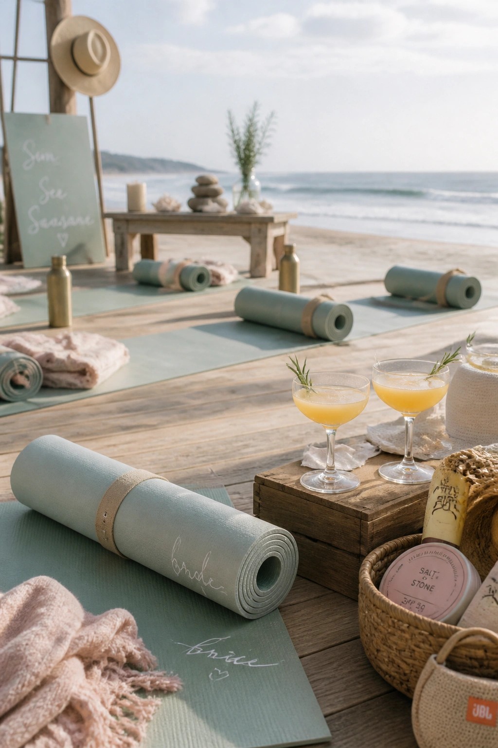 Beach scene with rolled yoga mats on a wooden deck, two yellow cocktails on a crate, and the ocean visible in the background.