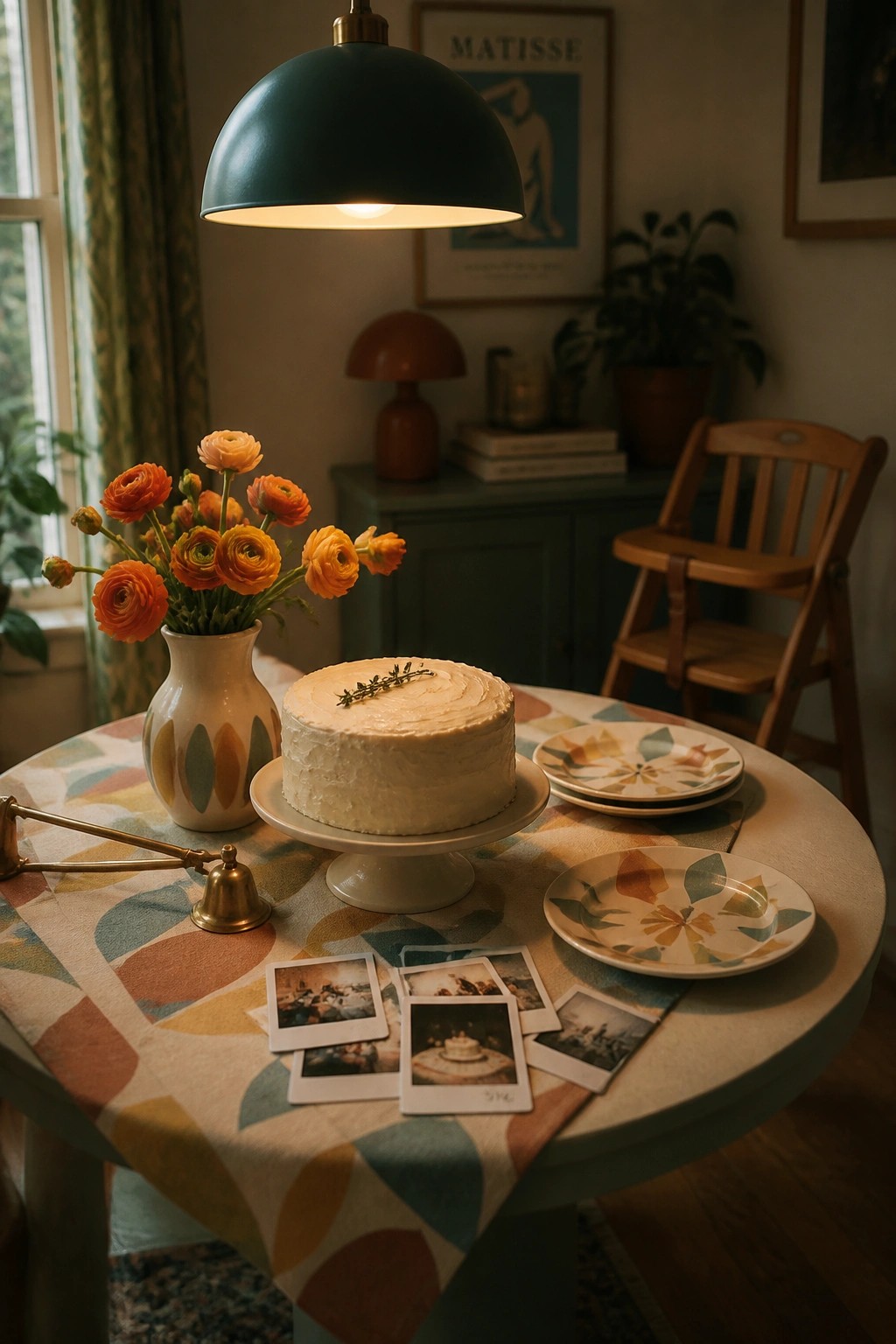 White cake with flowers, plates, and Polaroids on patterned table under teal lamp