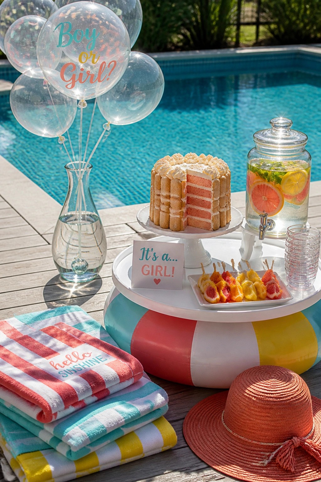 A poolside gender reveal setup with a pink layered cake cut open on a white stand, balloons, a drink dispenser, and striped towels on a wooden deck.