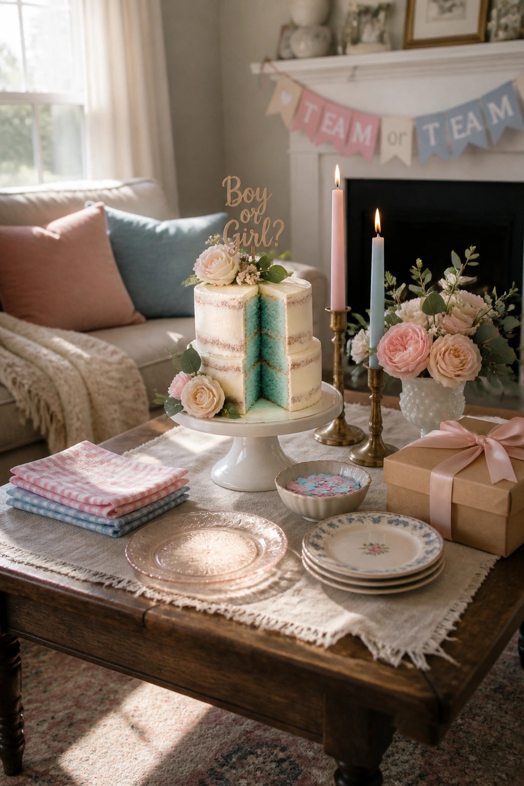 A two-tier white cake with blue layers visible after a slice is removed, set on a coffee table with plates, napkins, candles, and flowers nearby.