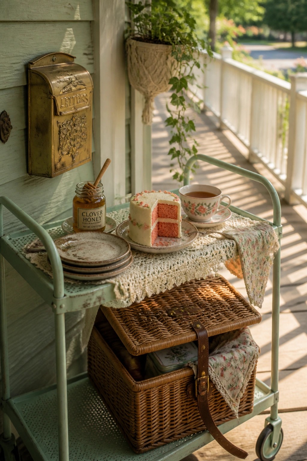 A light green rolling cart on a porch holds a pink layer cake with one slice cut, a floral teacup, a jar of honey, stacked plates, and a wicker basket underneath.