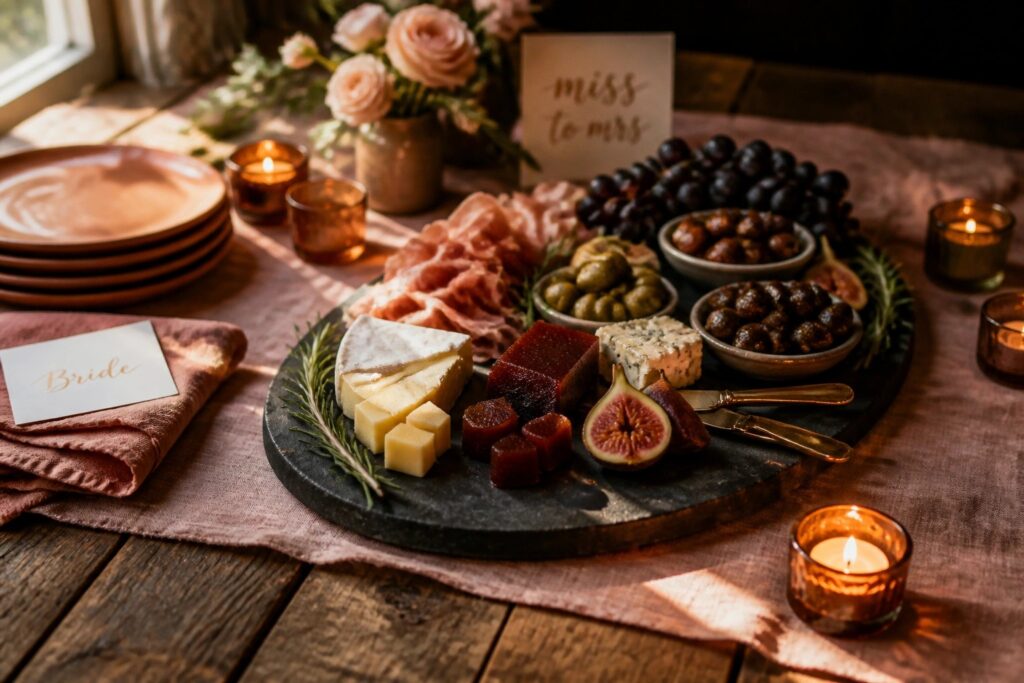 23 Tasty Bachelorette Party Food Ideas That Guests Will Actually Love A round slate charcuterie board with sliced meats, cheeses, figs, olives, and nuts rests on a wooden table with lit candles and pink linens.