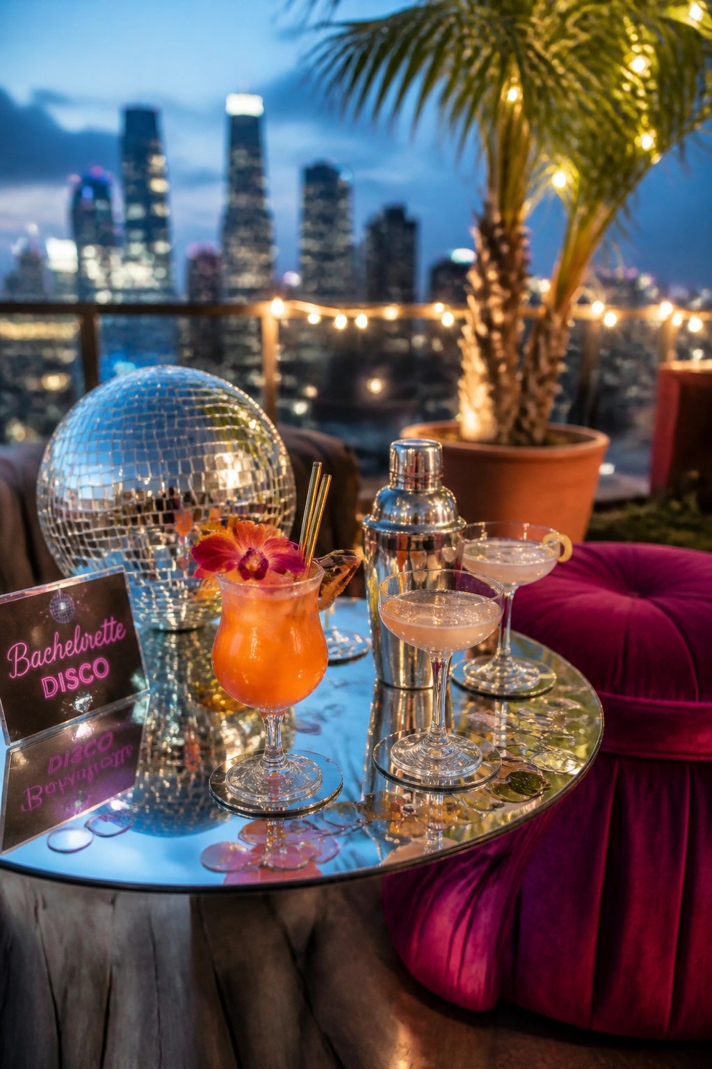 A rooftop table at dusk holds colorful cocktails, a silver shaker, a disco ball, and a small sign reading Bachelorette DISCO with a city skyline in the background.