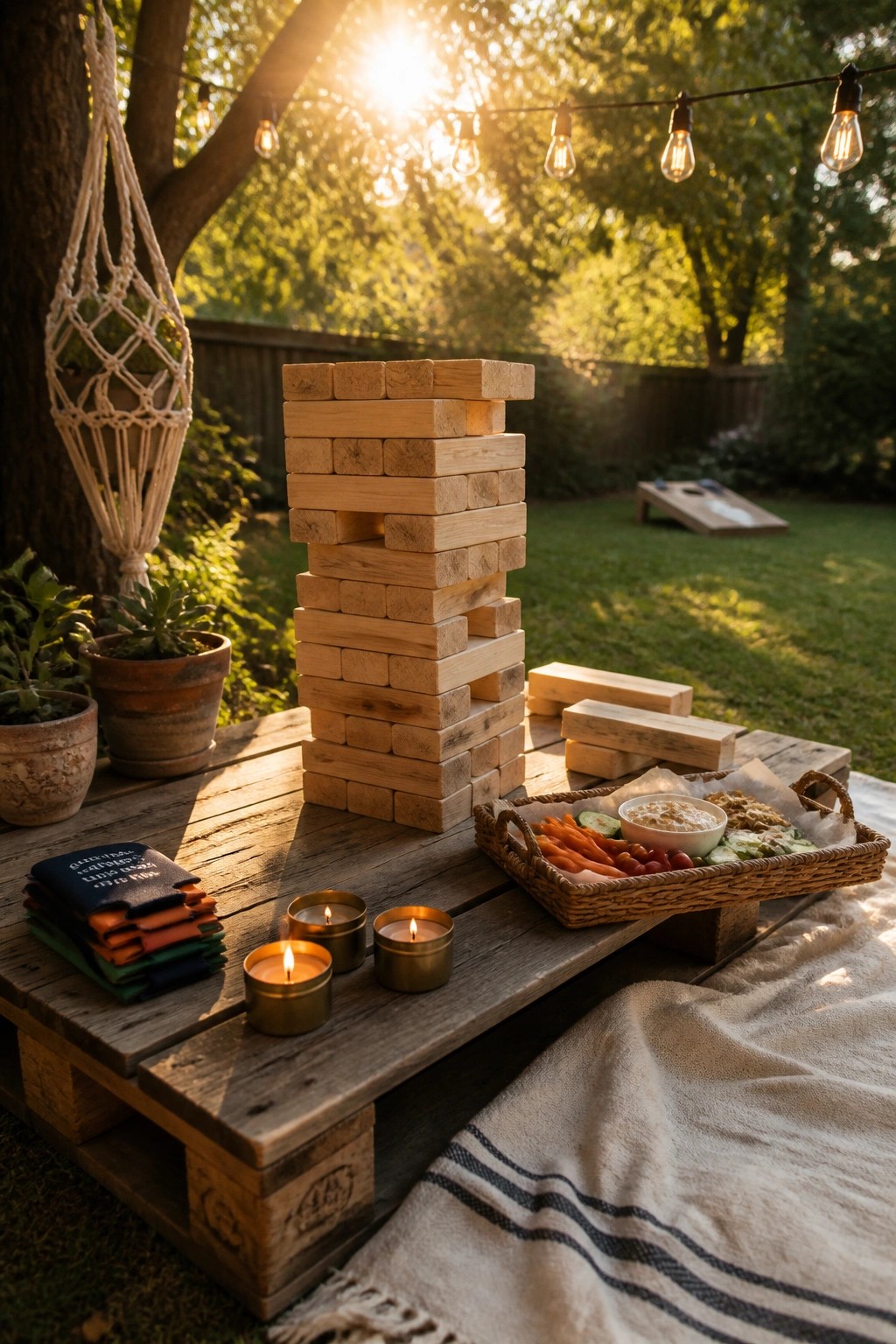 A tall wooden block tower stands on a pallet table in a backyard with string lights, candles, potted plants, and a tray of vegetables and dip.