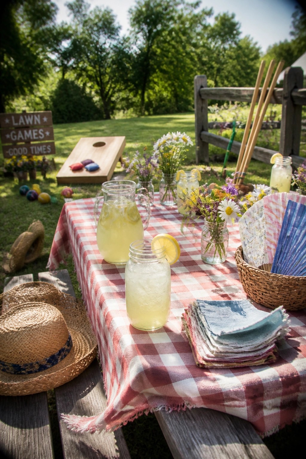 A red and white checkered picnic table with lemonade jars and flowers sits on grass near a cornhole board and scattered lawn game equipment in a sunny backyard.