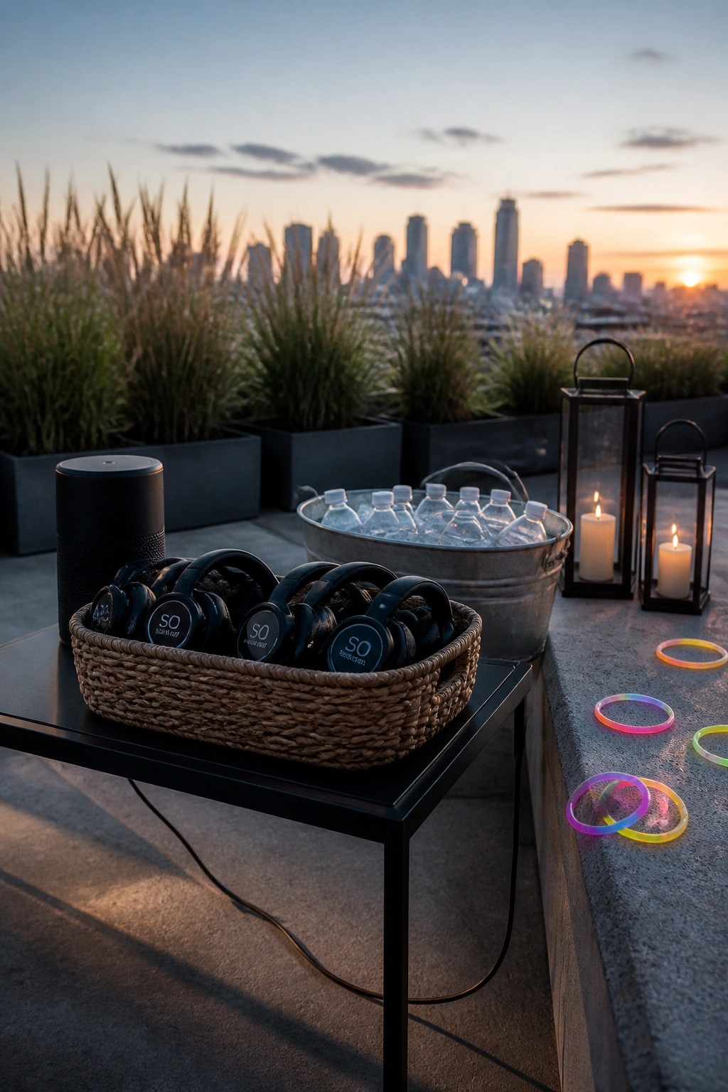 A woven basket filled with black headphones sits on a black table beside a metal bucket of water bottles on a rooftop at sunset with city buildings in the background.